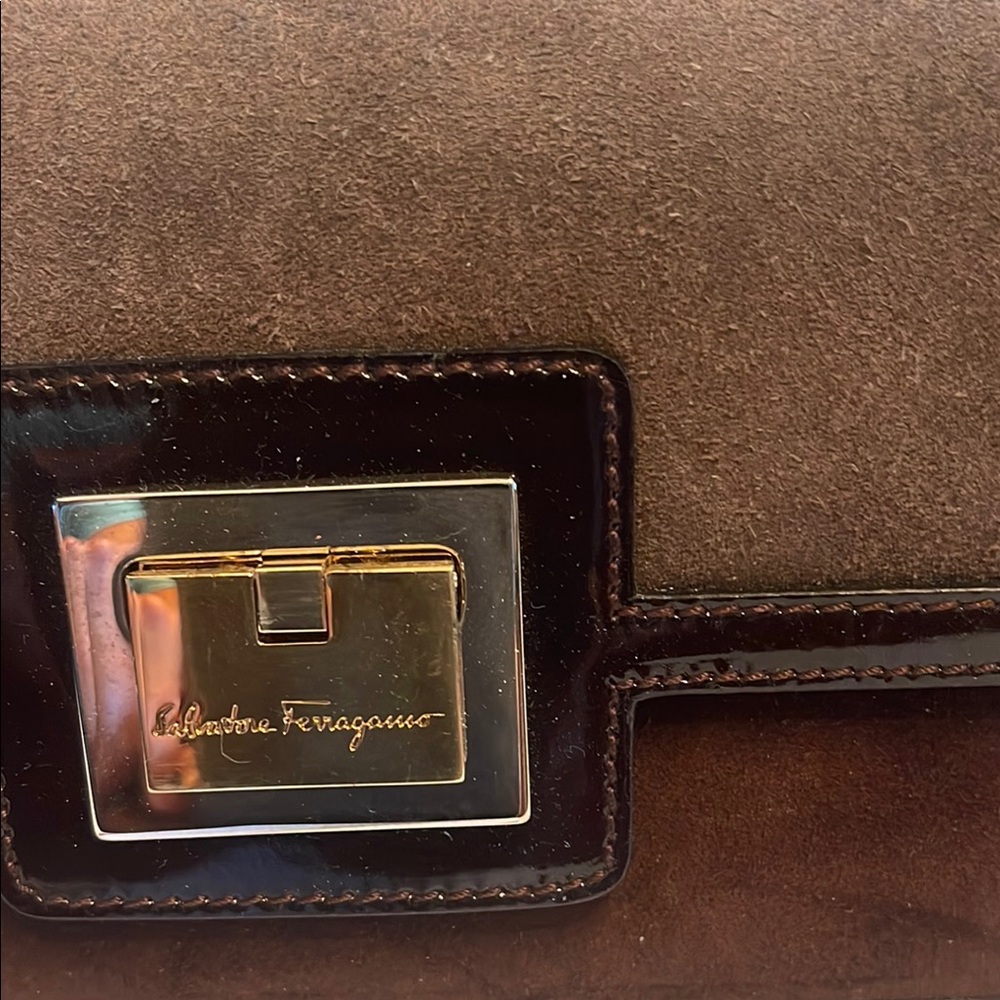 Salvatore Ferragamo Brown and Tan Suede Leather Clutch - Picture 2 of 4